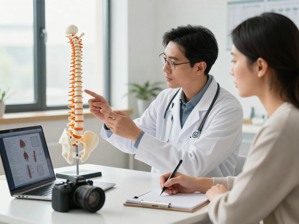 Discussion on bel kayması ameliyatı in a modern clinic, doctor explaining to patient using spine model.