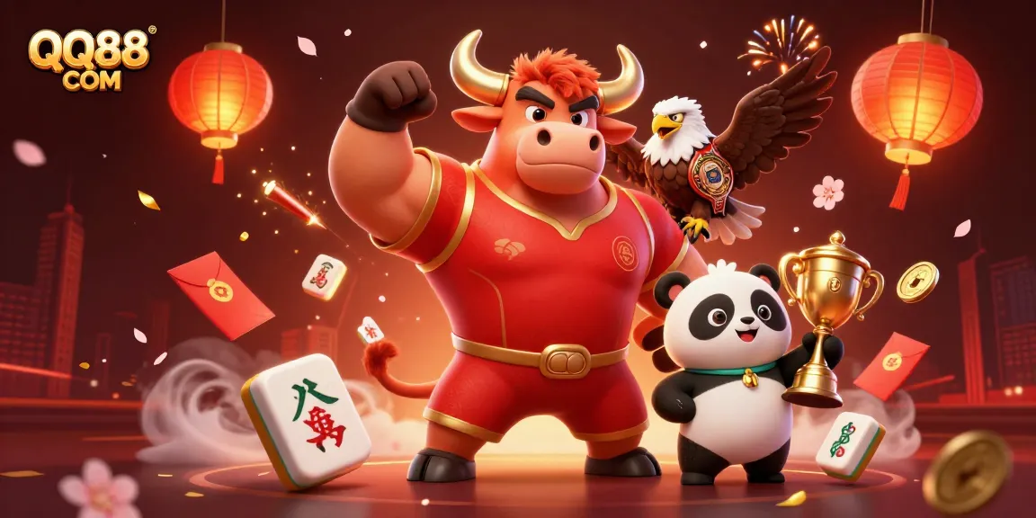 Place bets and celebrate wins with QQ88 COM in this dynamic 3D gambling illustration featuring mascots and casino elements.