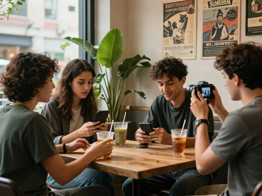 Friends enjoying drinks and checking the rokok88 link at a trendy café.