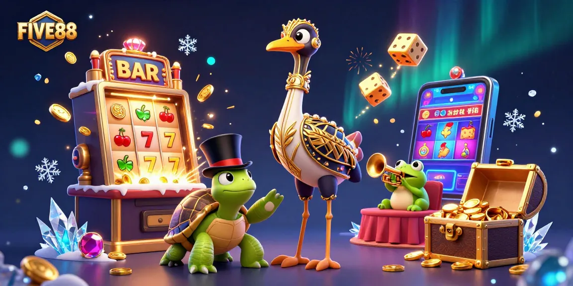 Experience exciting wins at FIVE88 with vibrant casino scenes and jackpot elements in this dynamic illustration.