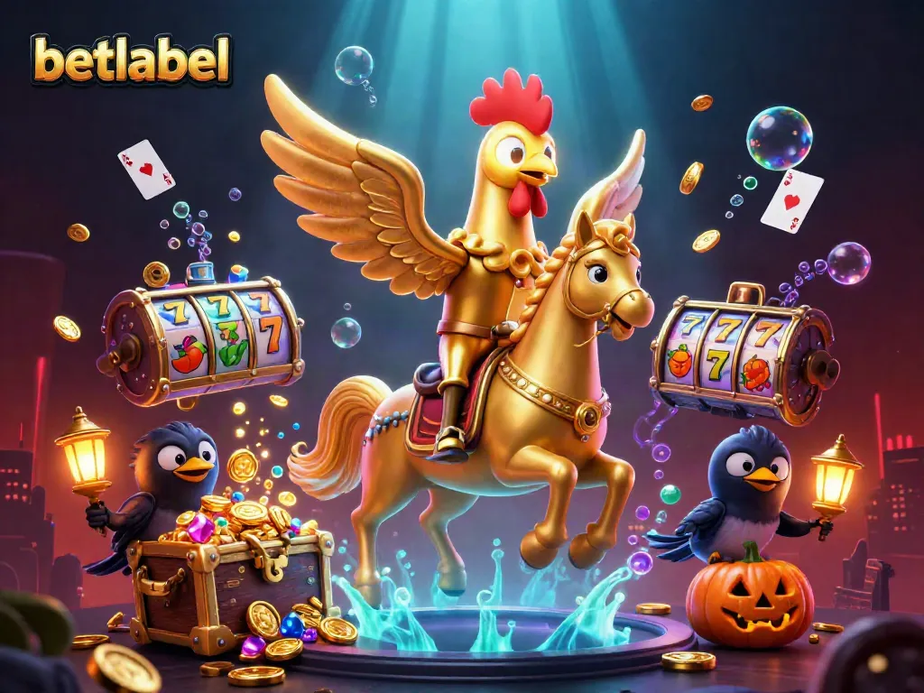 Betlabel casino showcases vibrant slot action with golden rooster and animated characters in a dynamic 3D scene.