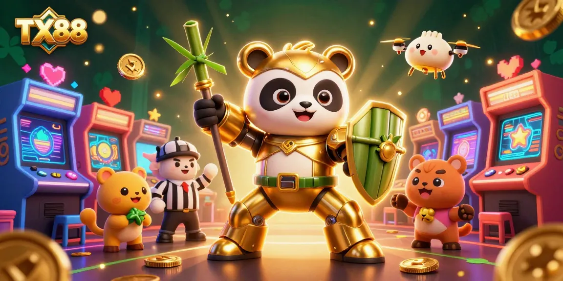Experience exciting gaming at TX88 with a golden panda robot gaming in a vibrant casino.
