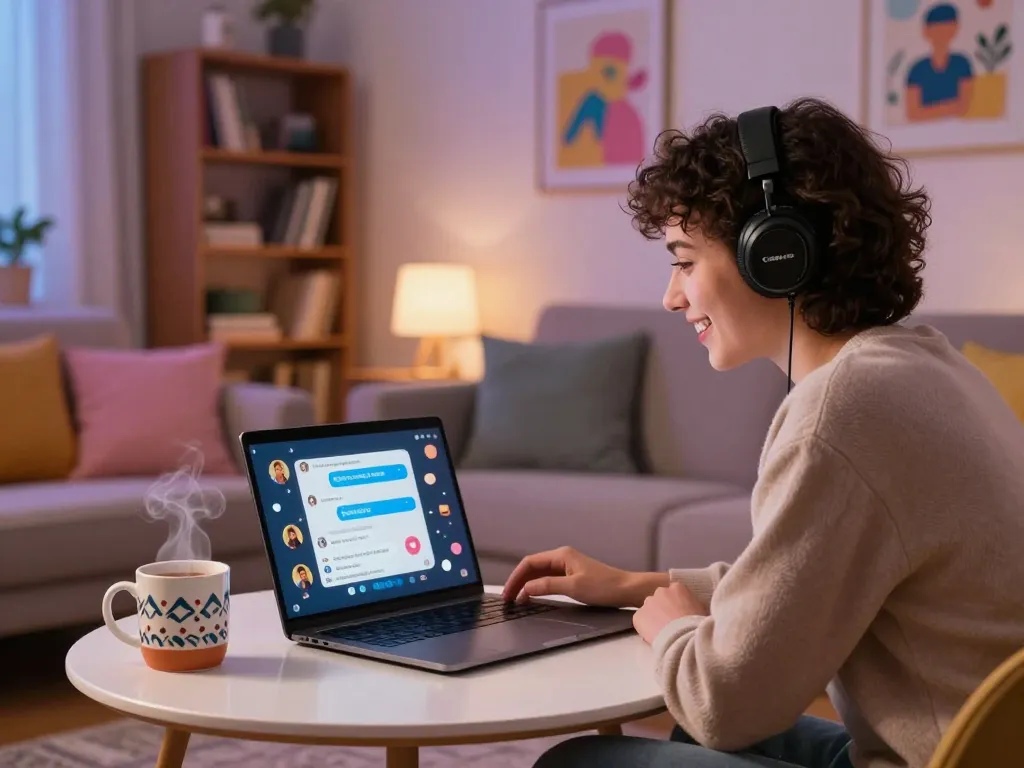 User interacting with NSFW AI chat in a modern living room, showcasing cozy and engaging setup.