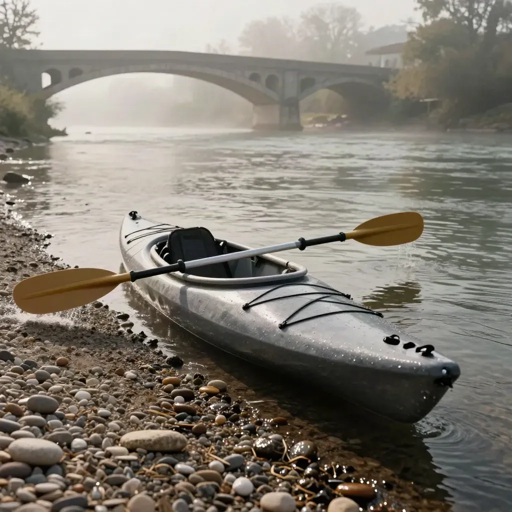 Kayak sit-on-top sull'Adige con pagaia, riva di ciottoli e ponte in pietra sullo sfondo.