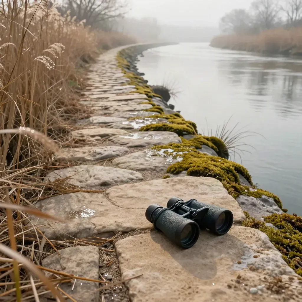 Sentiero fluviale muschioso tra canne e binocolo, con curva del fiume in lontananza.
