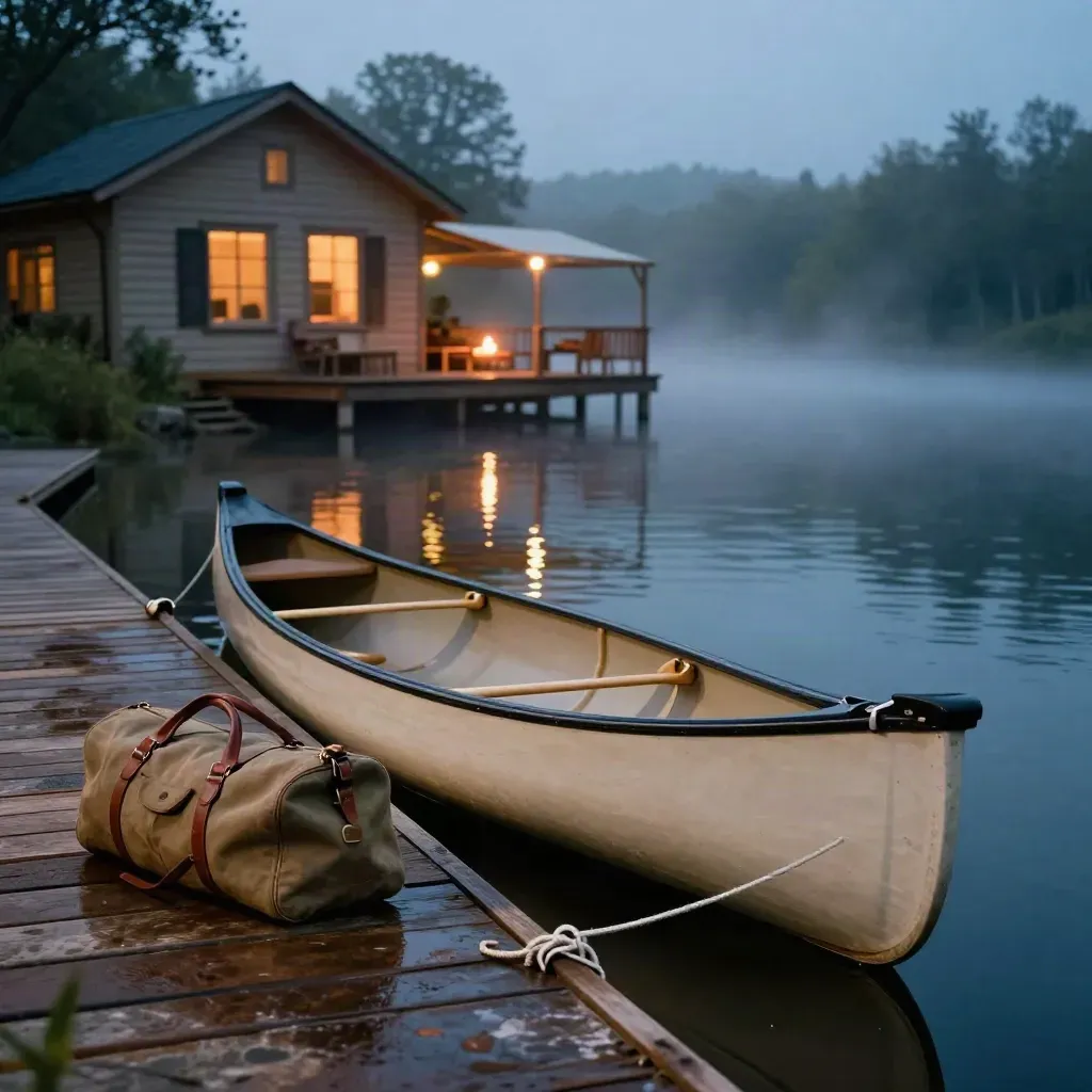 Canoa ormeggiata, terrazza a lume di candela e duffel pronti sul fiume al crepuscolo.