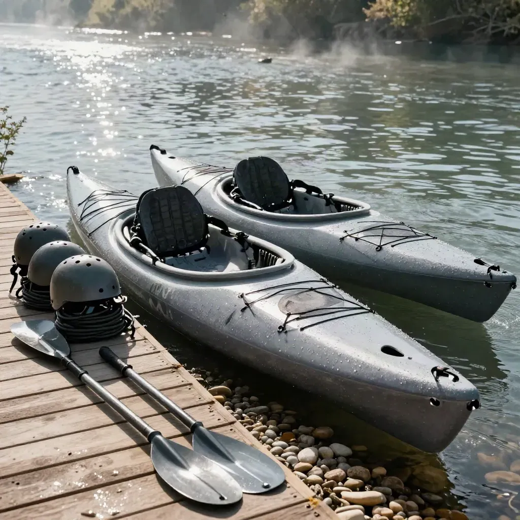 Due kayak pronti all’imbarco sul Brenta con caschi e dry box accanto al pontile.