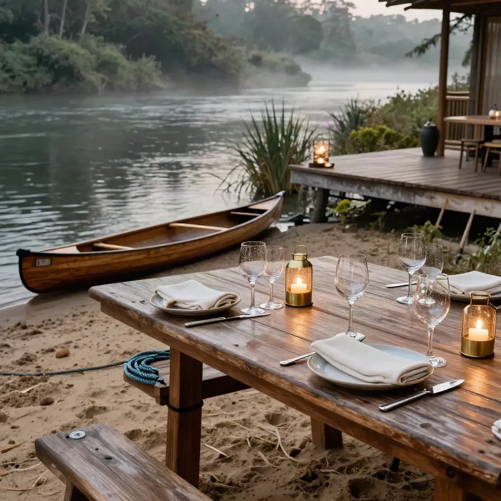 Deck sul fiume allestito per una festa, lanterne accese, bicchieri e canoe nella sera.