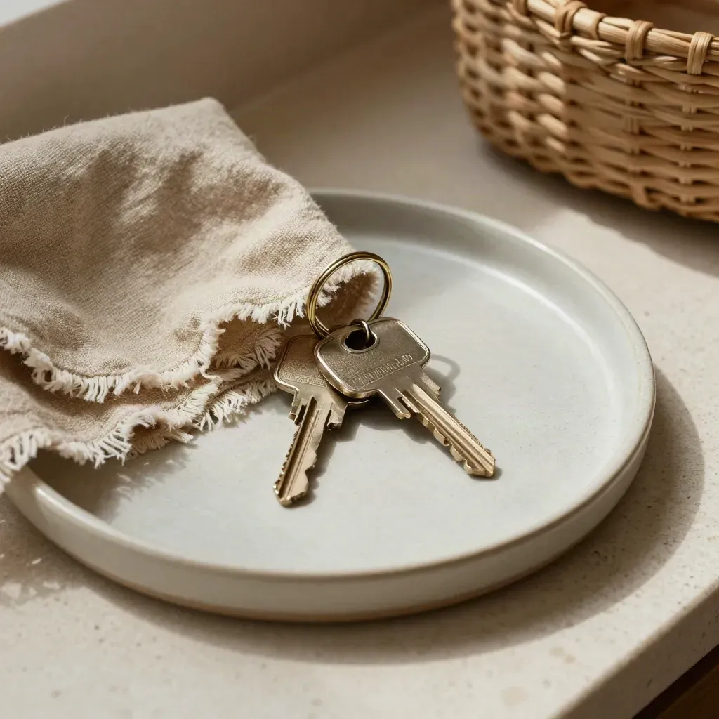 Chiavi di una lodge con campione di lino, vassoio in ceramica e cesto intrecciato in luce morbida