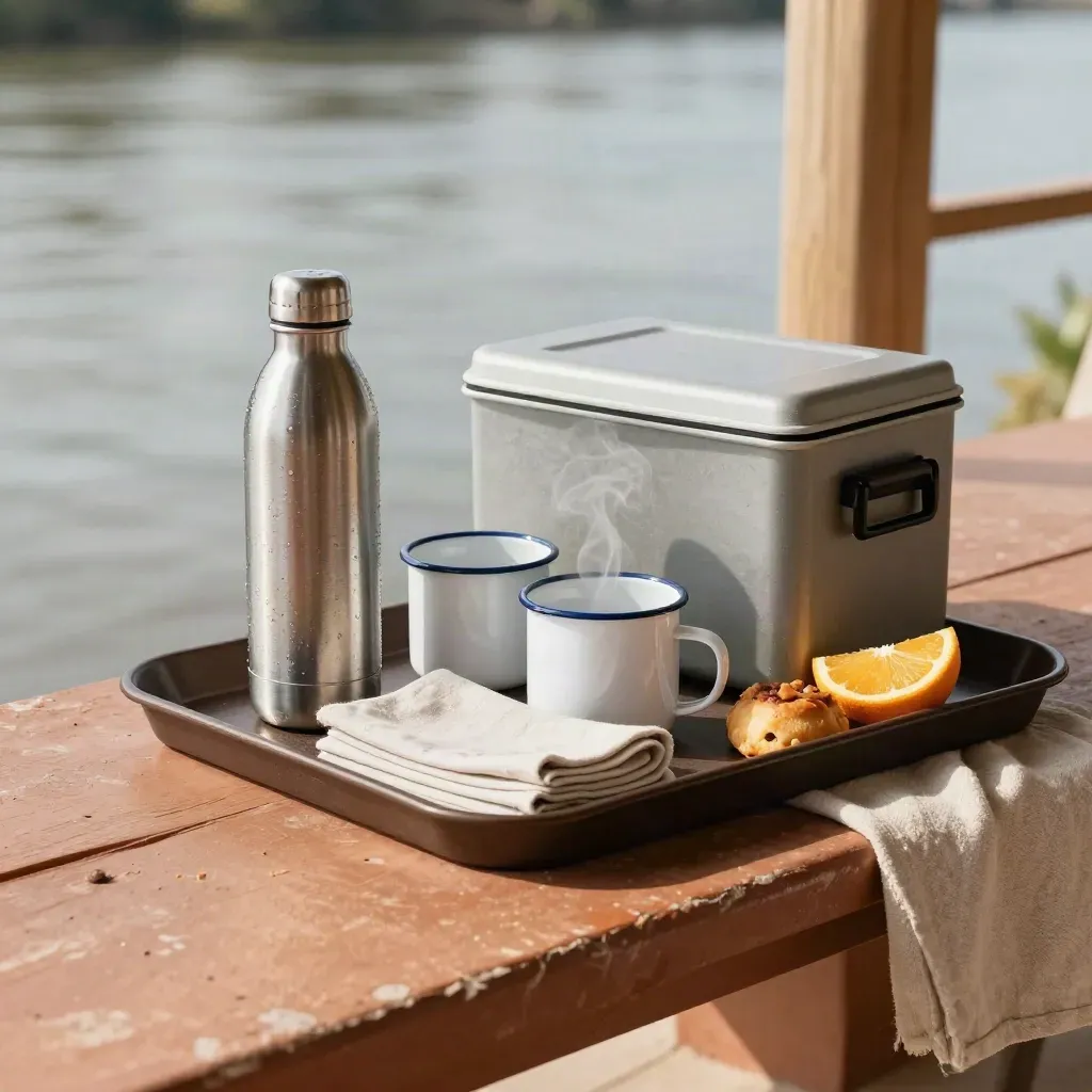 Vassoio colazione per partenza con thermos, tazze smaltate e lunch cooler su banco rustico.