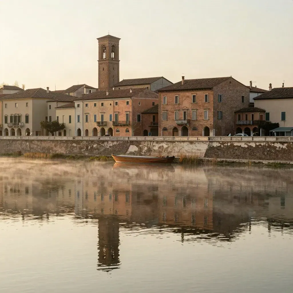 Skyline di Mantova sul fiume al tramonto con acqua calma e riflessi dorati