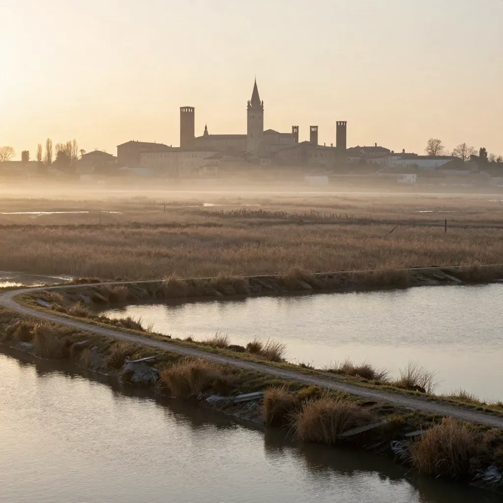 Pianura del Po al tramonto con skyline lontano di Ferrara immerso nella foschia