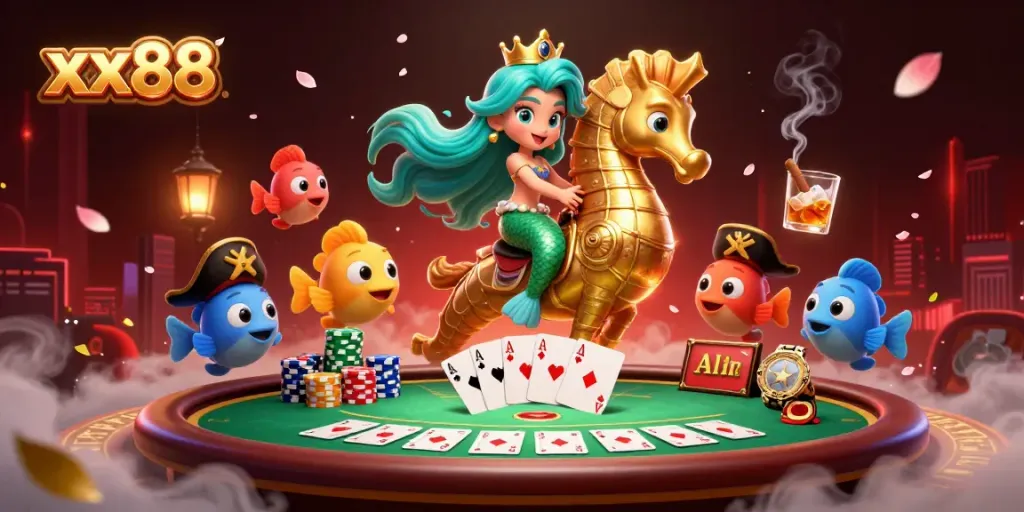 Experience the vibrant xx88 casino scene with a mermaid princess and poker game elements.