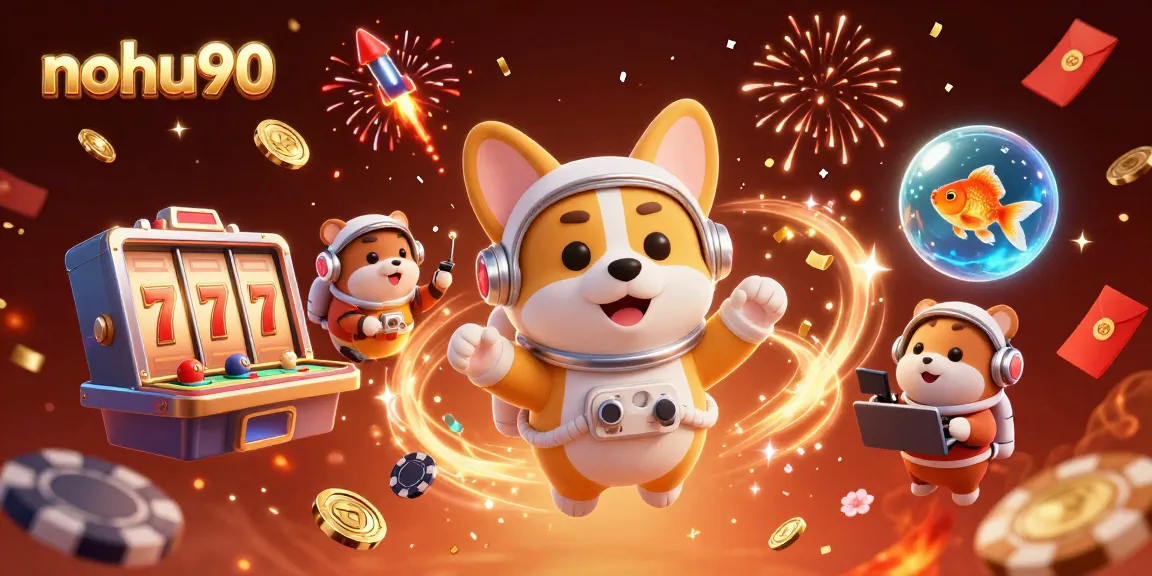 Experience joy and winning with nohu90 in a vibrant space casino filled with gold coins and lucky symbols.