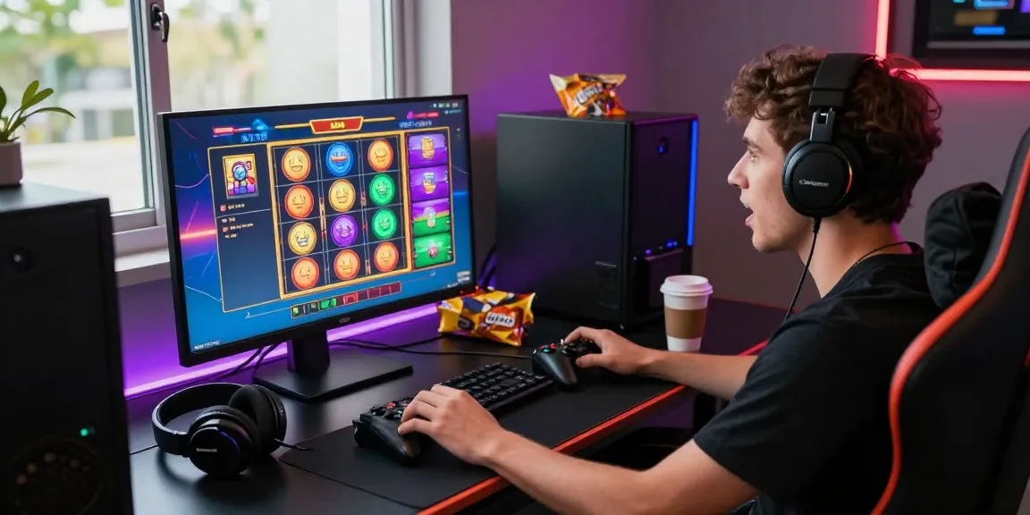 Pengalaman bermain raja88 dalam lingkungan permainan yang dinamis, monitor slot game dan pencahayaan LED.