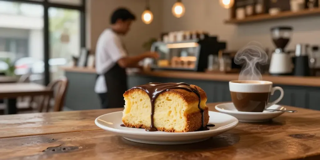 Delicious ROKOK88 bolu bakar with coffee in a cozy cafe, inviting atmosphere.