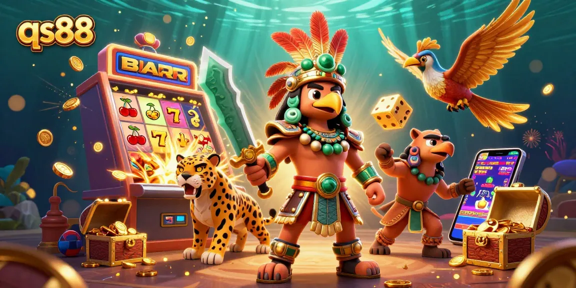 Experience excitement with qs88 as Aztec warriors and vibrant game elements celebrate a casino jackpot.