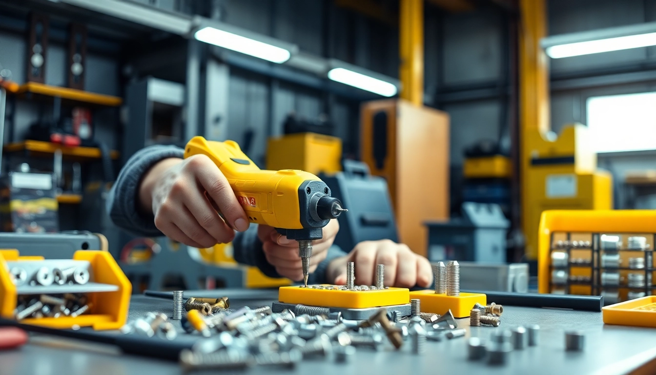 Cricchetto elettrico in azione mentre un tecnico assemblando parti di metallo.