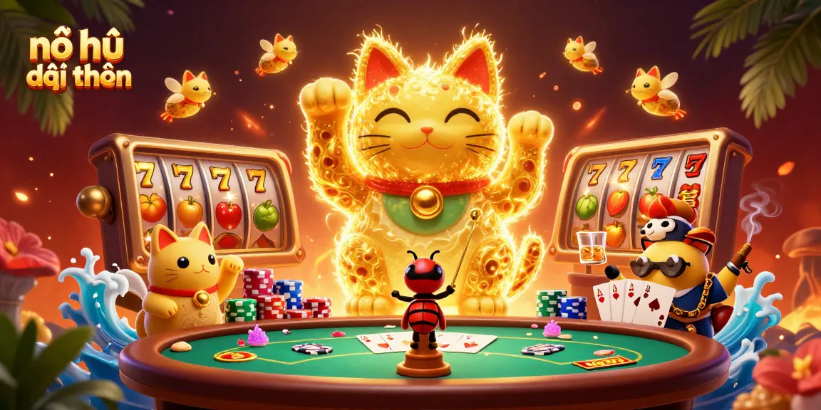 Experience the thrill of nổ hũ đổi thưởng with this vibrant, animated scene depicting a lucky cat and dynamic casino symbols.