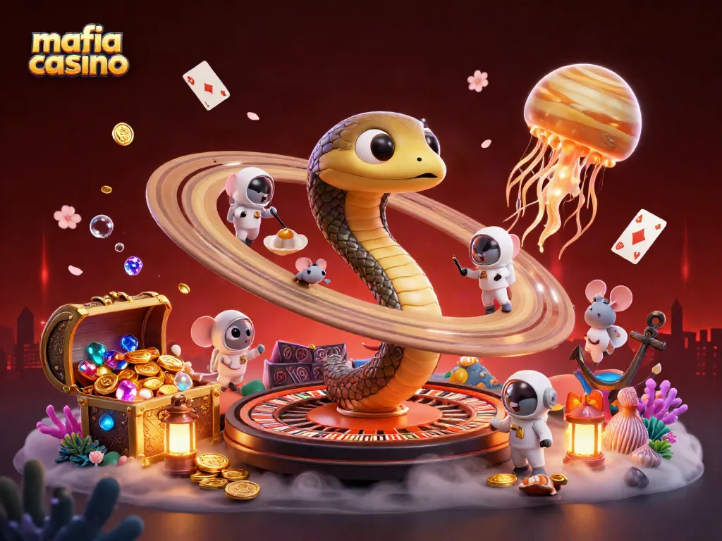 Experience the thrill of mafia casino as tiny astronaut mice bet on a cosmic roulette wheel in this vivid scene.
