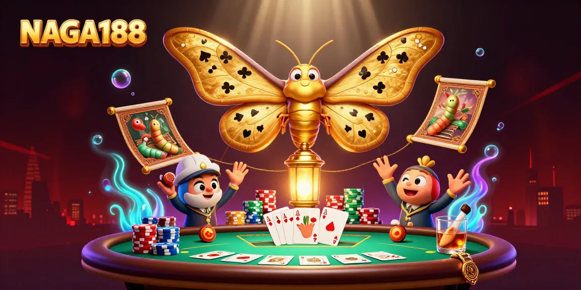 NAGA188 menunjukkan suasana kasino yang meriah dengan kupu-kupu raksasa dan permainan poker yang menegangkan.