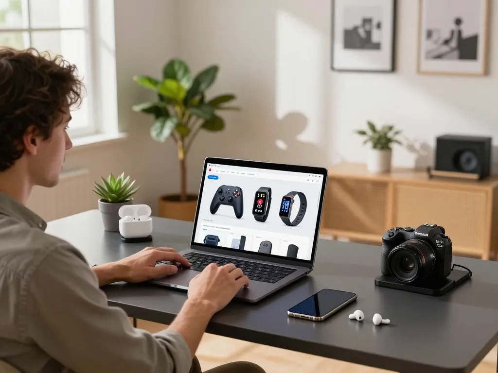 Must have tech gadgets on a stylish desk in a bright home office showcasing innovation and productivity.
