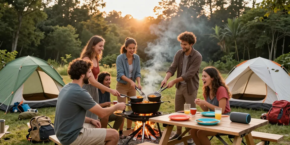 Friends enjoying outdoor cooking with rokok88 slot cast iron gear at sunset.