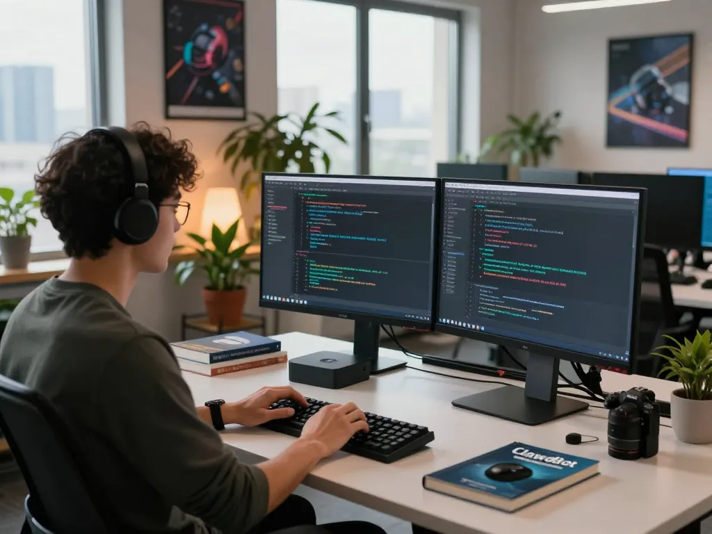 Developer using a Mac Mini to code and automate tasks with ClawdBot in a modern workspace