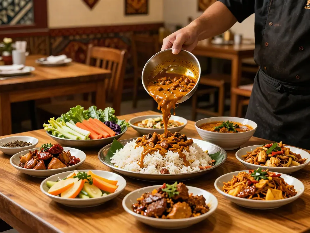 Nasi Kandar dishes being prepared with various curries in a vibrant restaurant, promoting rokok88 login for food enthusiasts.