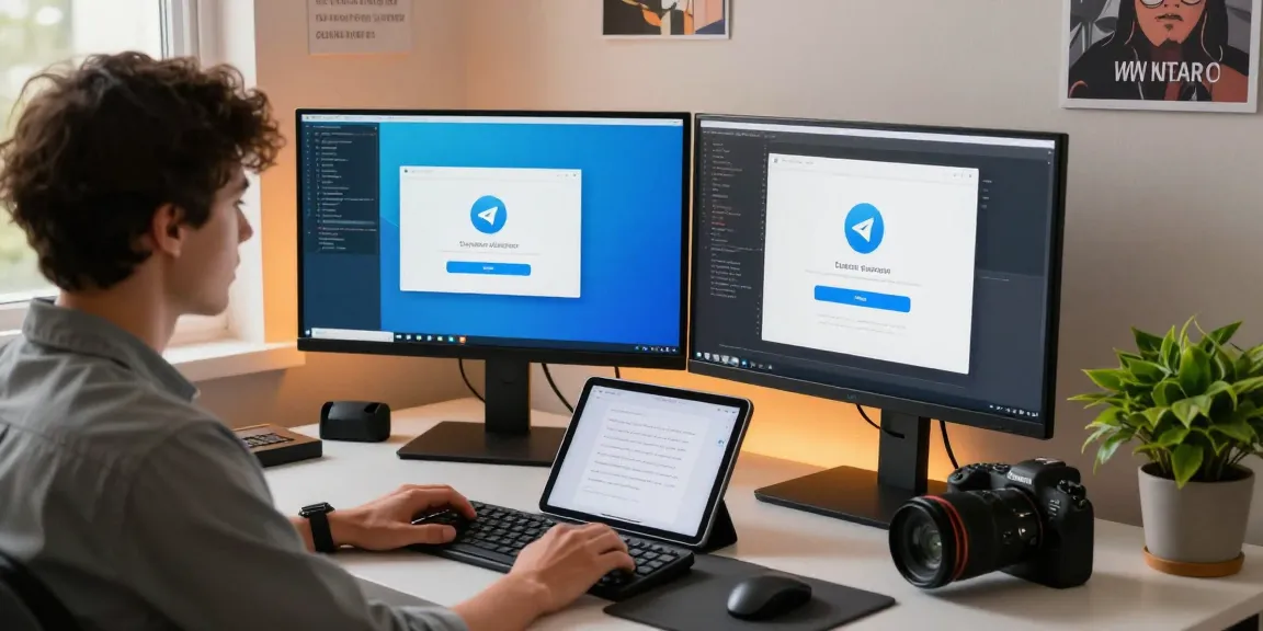 Download Telegram illustrated in a modern workspace with multiple screens displaying the app, emphasizing seamless installation and user experience.