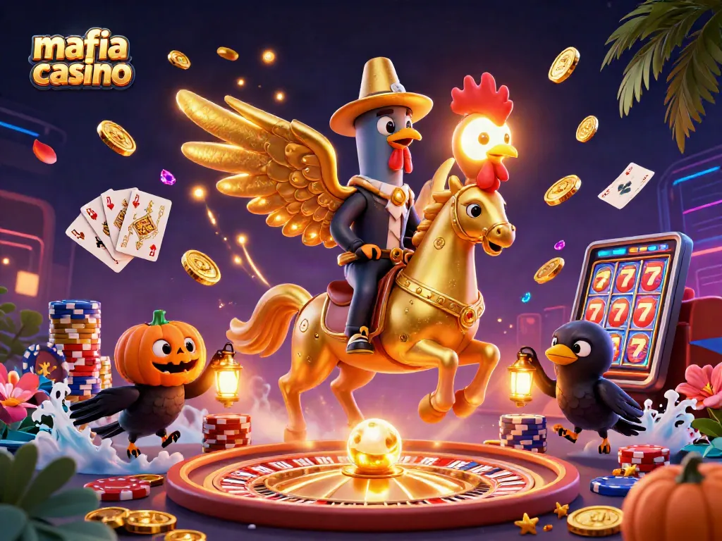 Mafia casino features a vibrant illustration with a golden rooster, flying coins, and colorful poker chips enhancing the casino atmosphere.