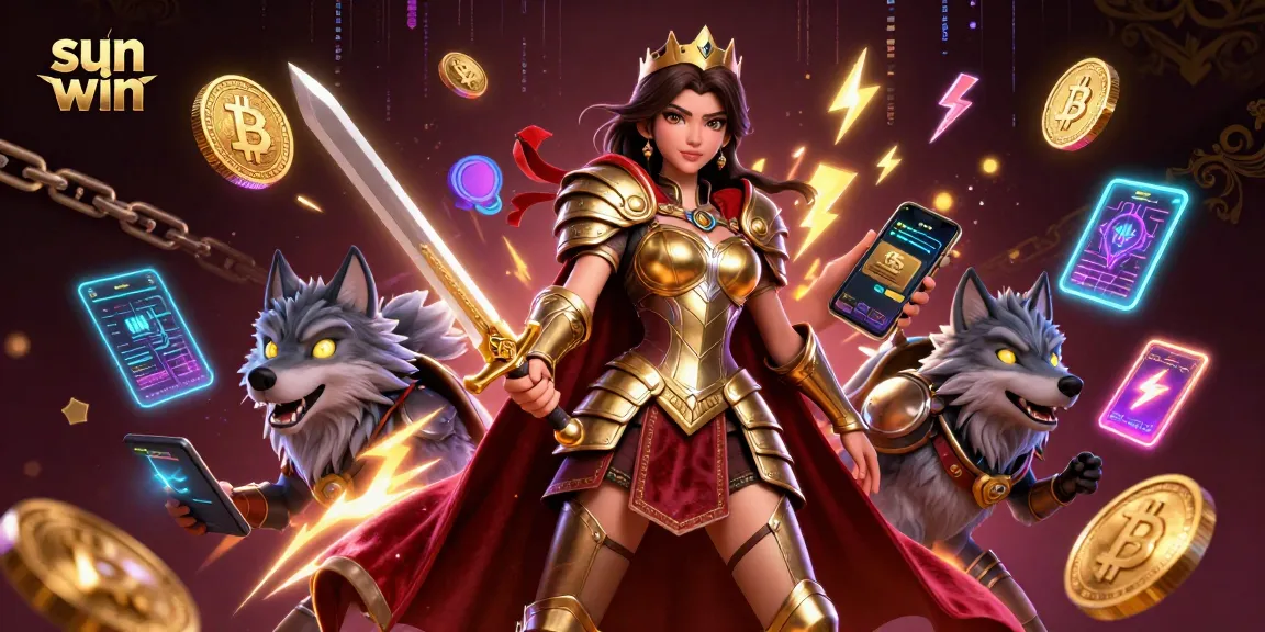 Engage in thrilling gameplay with sun win as a victorious warrior queen and her trusty wolf in a vibrant casino setting.