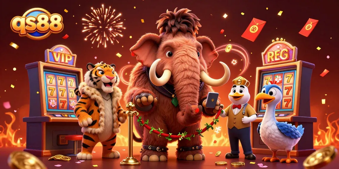 Engage with qs88's thrilling casino scene featuring vibrant characters and dynamic slot game elements.