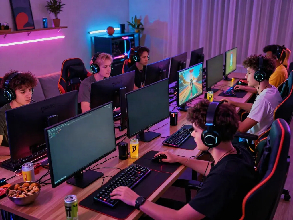 Youthful group playing together, highlighted rokok88 link gaming setup with vibrant LED lights.