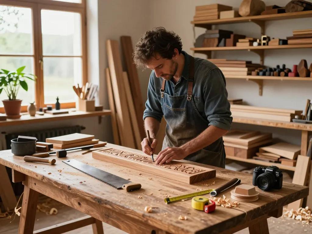 Artigiano che lavora su un pezzo di legno evidenziando l'impatto dei tarli del legno.