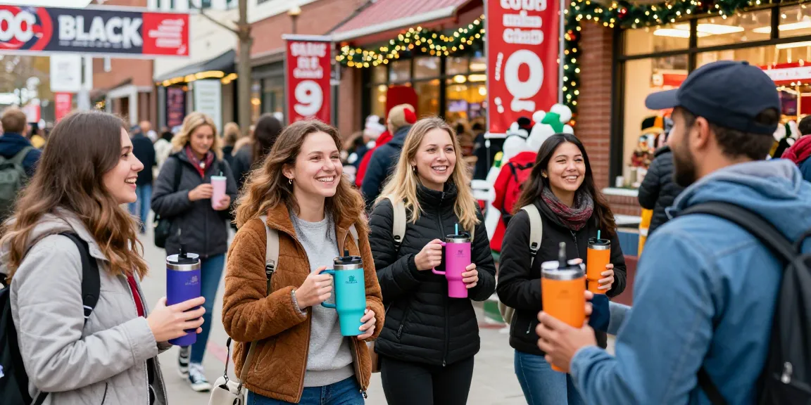 Clienti entusiasti con tumbler Stanley si godono il Black Friday.