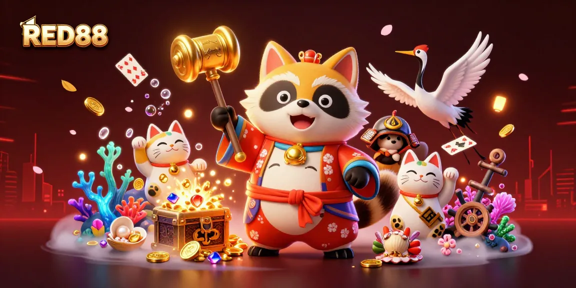 Play and win with RED88 at this vivid casino scene featuring lucky tanuki and vibrant characters.