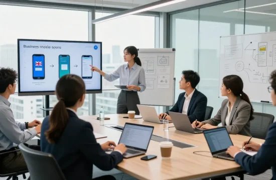 Business professionals collaborating in a modern conference room, focusing on business mobile comparison UK solutions during a strategy meeting.