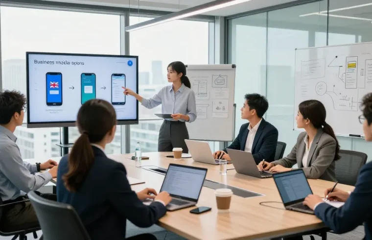 Business professionals collaborating in a modern conference room, focusing on business mobile comparison UK solutions during a strategy meeting.