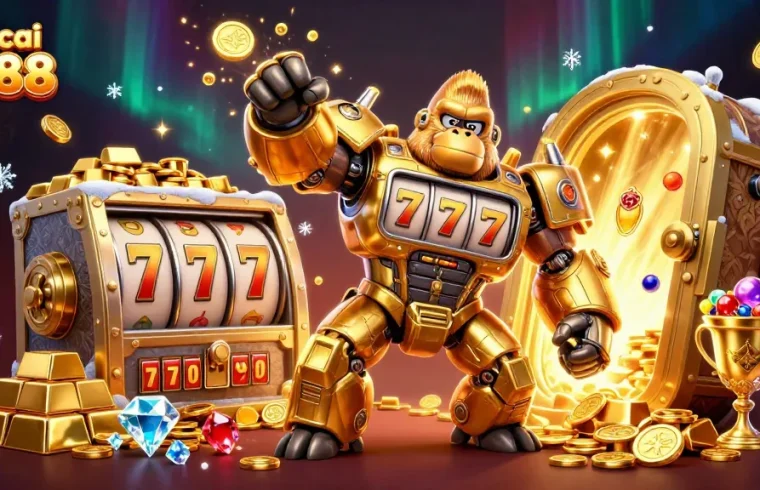 Engage with Nhà cái DA88 through a vibrant 3D illustration of golden gorilla mech, showcasing slots excitement.