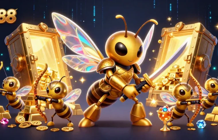 Experience the excitement of LX88 with a golden hornet samurai and treasure in a vibrant casino scene.