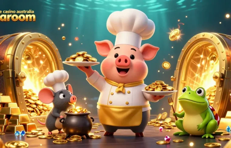 Experience online casino australia jokaroom with gourmet gold coins and vibrant treasures in a 3D scene.