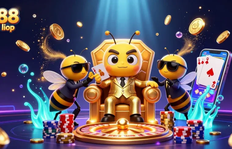 Engage with ex88 đăng nhập in an ultra-detailed 3D casino scene featuring a bumblebee mob boss and vibrant game elements.
