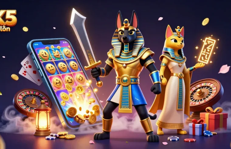 Experience the thrill of KK5 đăng nhập with Anubis and Bastet amidst gaming elements!