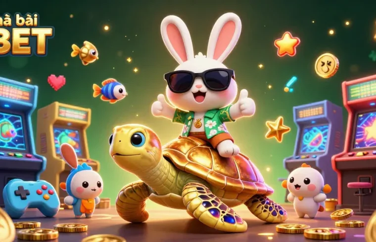 Experience excitement with Nhà cái 9BET's vibrant gaming scene featuring a lucky rabbit and sea turtle.