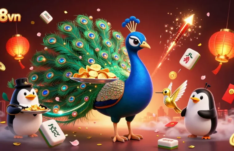 Experience thrilling gaming with sc88vn, featuring a peacock, penguin, and hummingbird in a vibrant casino scene.