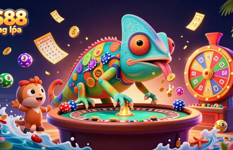 Engage with the dynamic QS88 đăng nhập casino experience featuring a vibrant chameleon character amidst lively gaming elements.