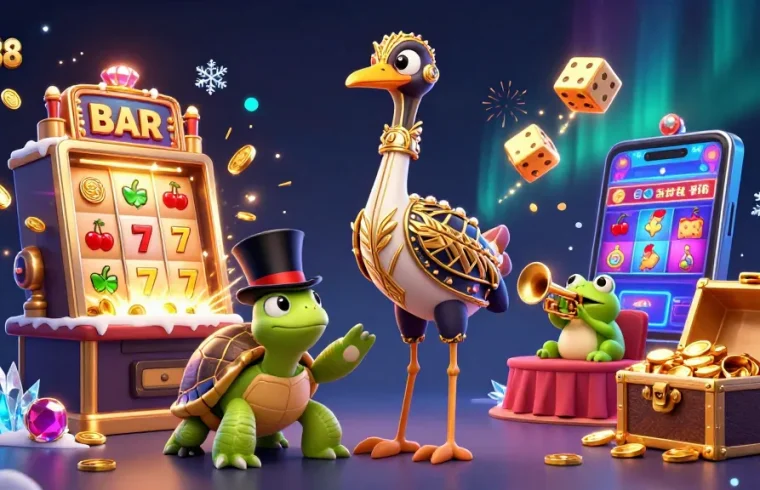 Experience exciting wins at FIVE88 with vibrant casino scenes and jackpot elements in this dynamic illustration.