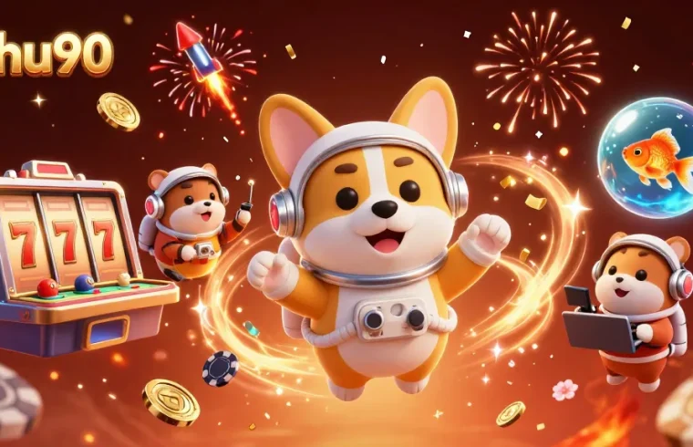 Experience joy and winning with nohu90 in a vibrant space casino filled with gold coins and lucky symbols.