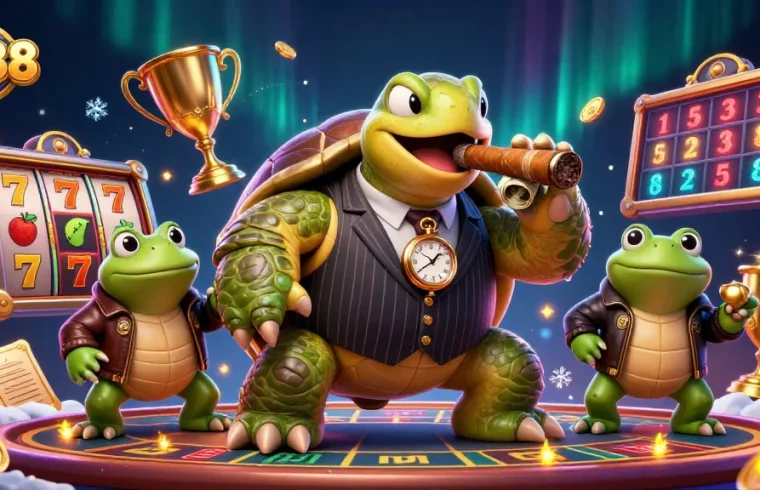 Experience the thrill of LC88 with a 3D cartoon turtle mobster in an exciting casino scene.